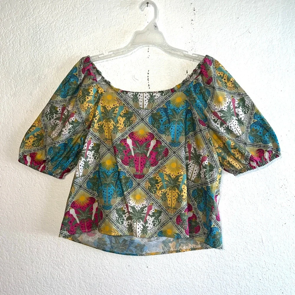 LOFT‎ Womens Tropical Tile Print Square Neck Puff Sleeve Blouse Parrots Multi S